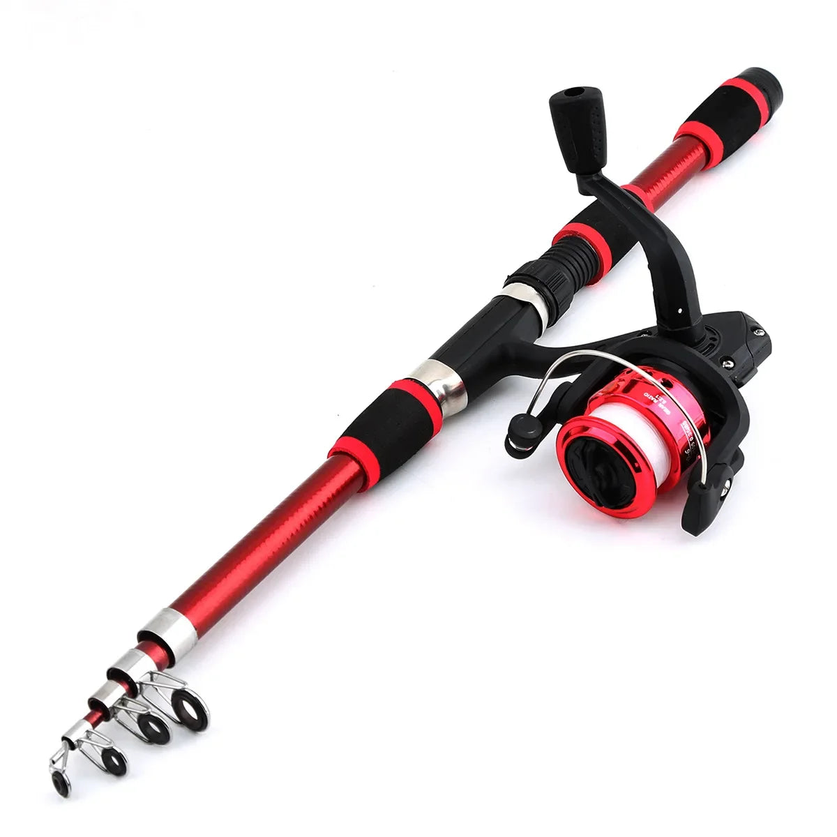 Kids' fishing rod and reel starter set with baits and hooks in three colors