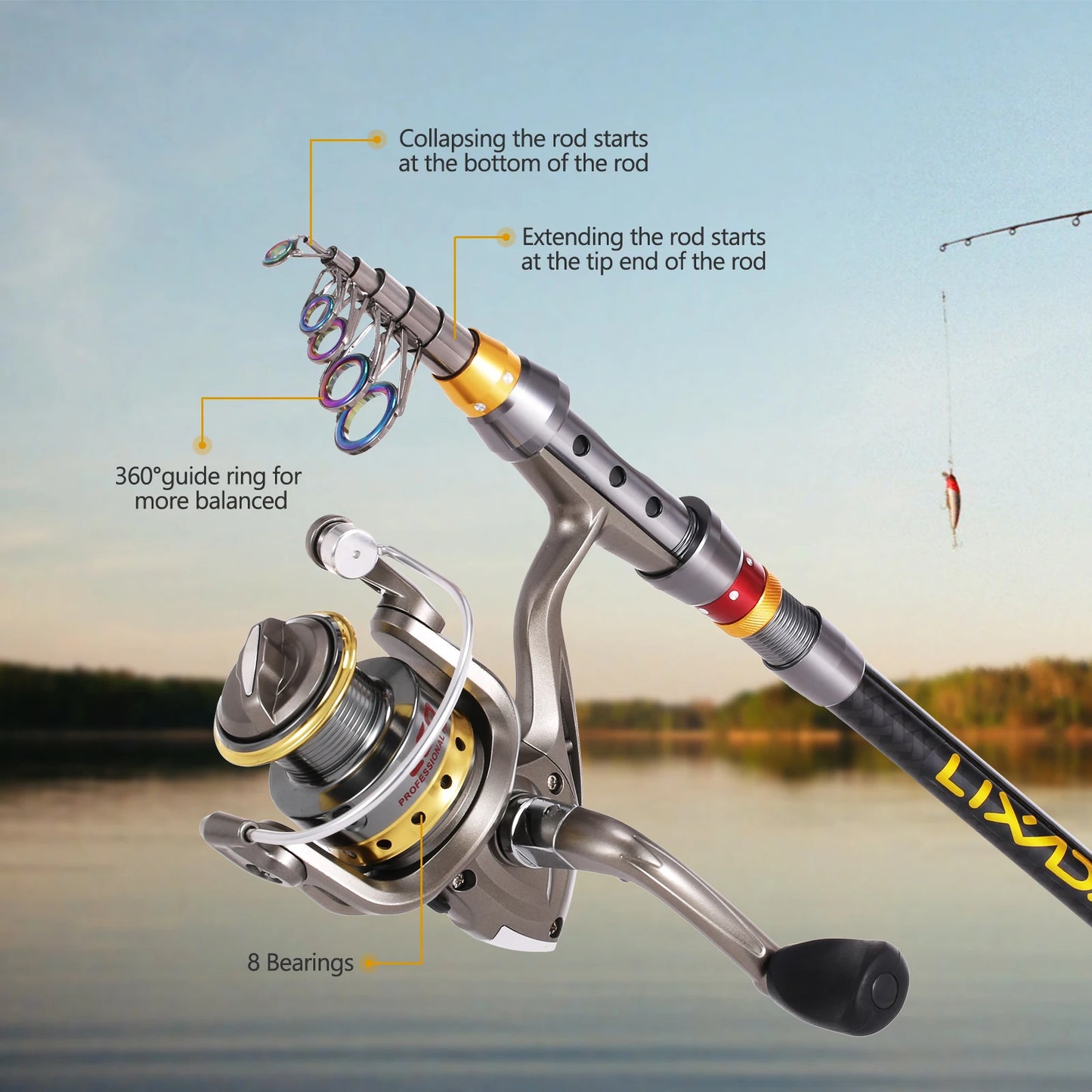 Lixada Carbon Fiber Telescopic Fishing Rod and Spinning Fishing Reel Combo Full Kit Fishing Tackle Carrier Bag Fishing Gear Set