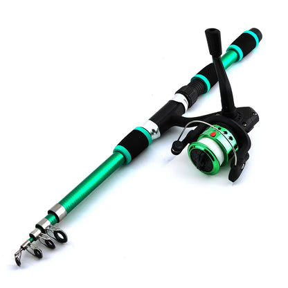 Kids' fishing rod and reel starter set with baits and hooks in three colors