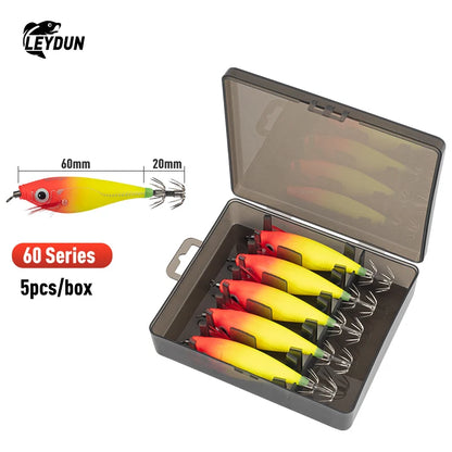 Luminous Horizontal Squid Jig Wood Shrimp Squid Hook 5Pcs Fishing Lures  Octopus Cuttlefish Shrimp Saltwater Baits