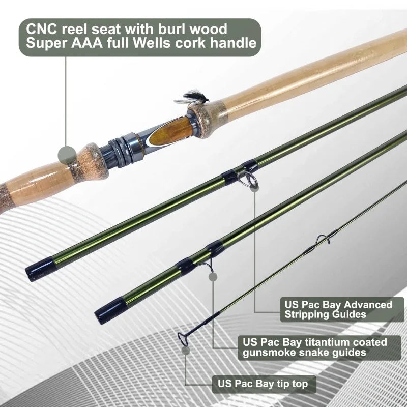 11 foot 6 inch switch fly rod, 4-piece fast action graphite for spey and single hand casting.