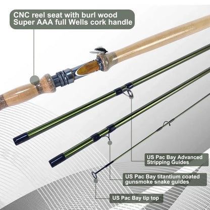 11 foot 6 inch switch fly rod, 4-piece fast action graphite for spey and single hand casting.