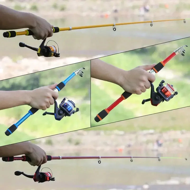 Kids' fishing rod and reel starter set with baits and hooks in three colors