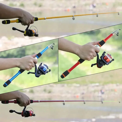 Kids' fishing rod and reel starter set with baits and hooks in three colors