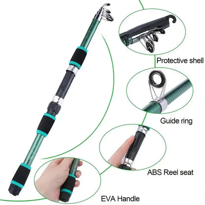 Kids' fishing rod and reel starter set with baits and hooks in three colors