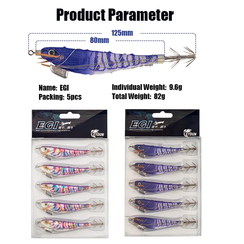 Luminous Squid Jig Wood Shrimp Egi Purple Deep Sea Cuttlefish Hanchi Egi 5Pcs/Set Fishing Lures Saltwater Baits