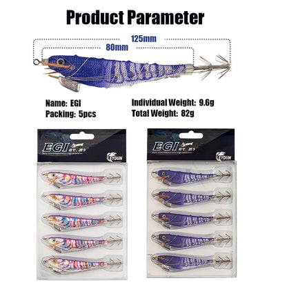 Luminous Squid Jig Wood Shrimp Egi Purple Deep Sea Cuttlefish Hanchi Egi 5Pcs/Set Fishing Lures Saltwater Baits