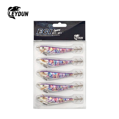 Luminous Squid Jig Wood Shrimp Egi Purple Deep Sea Cuttlefish Hanchi Egi 5Pcs/Set Fishing Lures Saltwater Baits