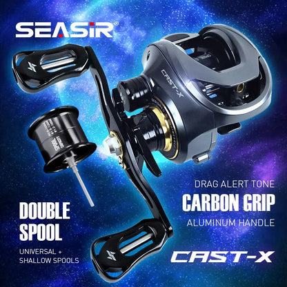 Cast-X baitcasting reel with dual aluminum spools and carbon fiber grip