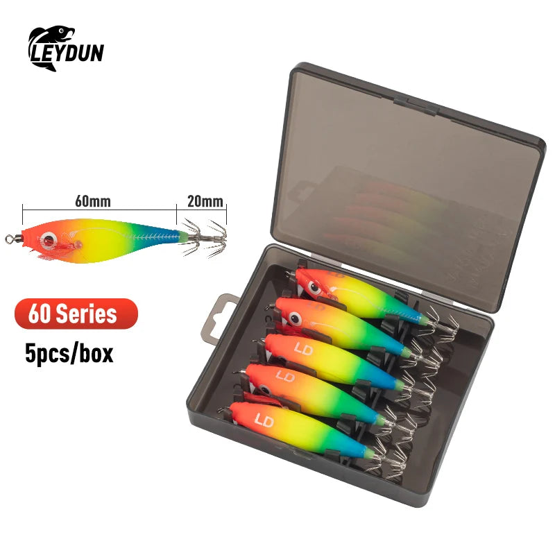 Luminous Horizontal Squid Jig Wood Shrimp Squid Hook 5Pcs Fishing Lures  Octopus Cuttlefish Shrimp Saltwater Baits