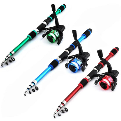 Kids' fishing rod and reel starter set with baits and hooks in three colors