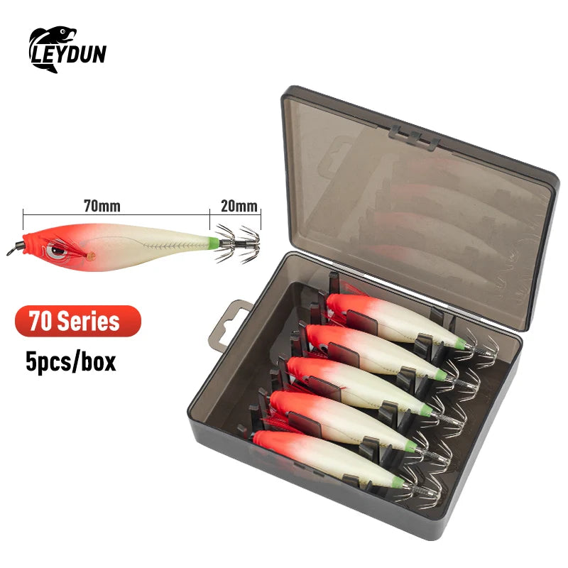Luminous Horizontal Squid Jig Wood Shrimp Squid Hook 5Pcs Fishing Lures  Octopus Cuttlefish Shrimp Saltwater Baits