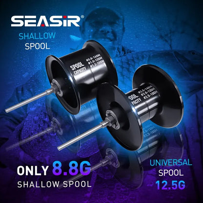 Cast-X baitcasting reel with dual aluminum spools and carbon fiber grip