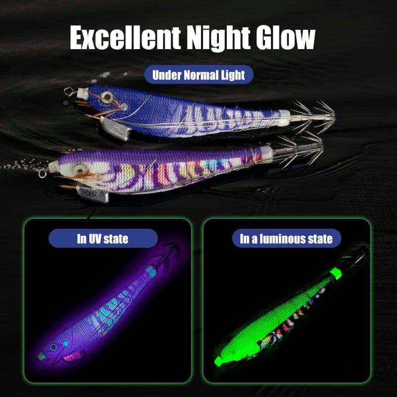 Luminous Squid Jig Wood Shrimp Egi Purple Deep Sea Cuttlefish Hanchi Egi 5Pcs/Set Fishing Lures Saltwater Baits