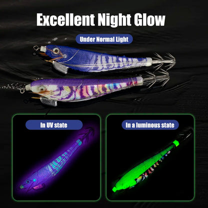 Luminous Squid Jig Wood Shrimp Egi Purple Deep Sea Cuttlefish Hanchi Egi 5Pcs/Set Fishing Lures Saltwater Baits