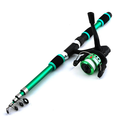 Kids' fishing rod and reel starter set with baits and hooks in three colors