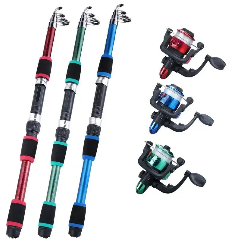 Kids' fishing rod and reel starter set with baits and hooks in three colors