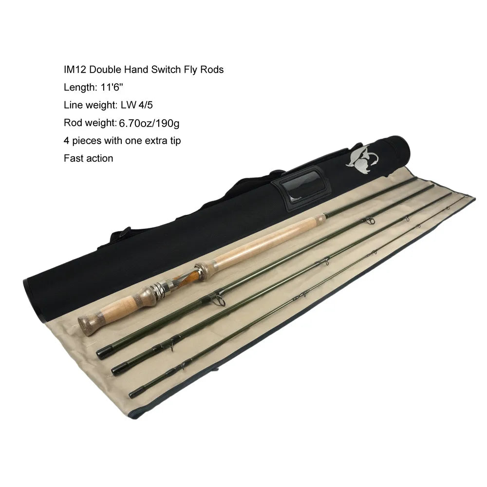 11 foot 6 inch switch fly rod, 4-piece fast action graphite for spey and single hand casting.