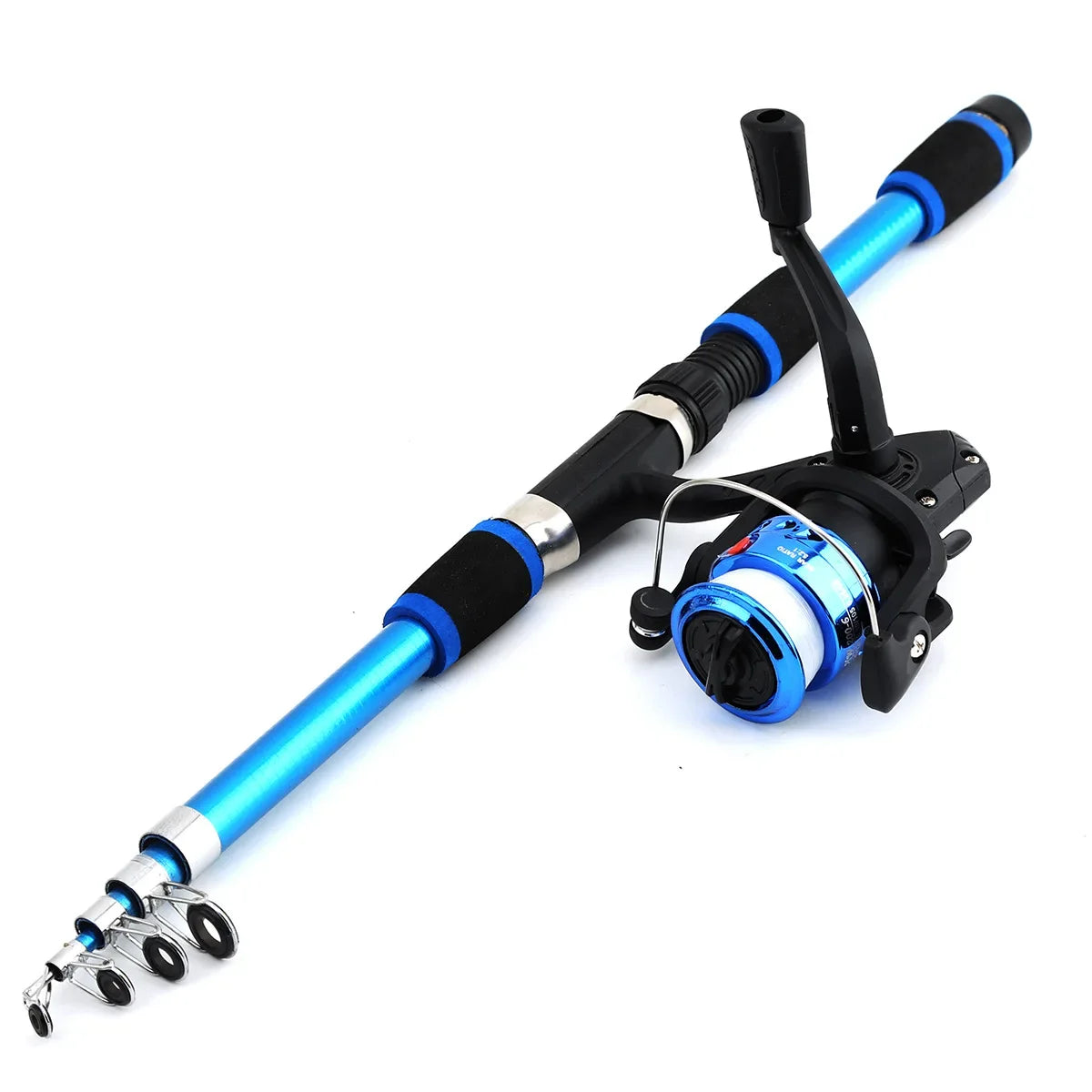 Kids' fishing rod and reel starter set with baits and hooks in three colors