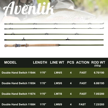 11 foot 6 inch switch fly rod, 4-piece fast action graphite for spey and single hand casting.