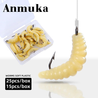 Bionic Rubber Maggot Fishing Bait Set Hooks Luminous Grub Lures Bass Trout Crappie Bluegill Ideal Freshwater Lake River Fishing