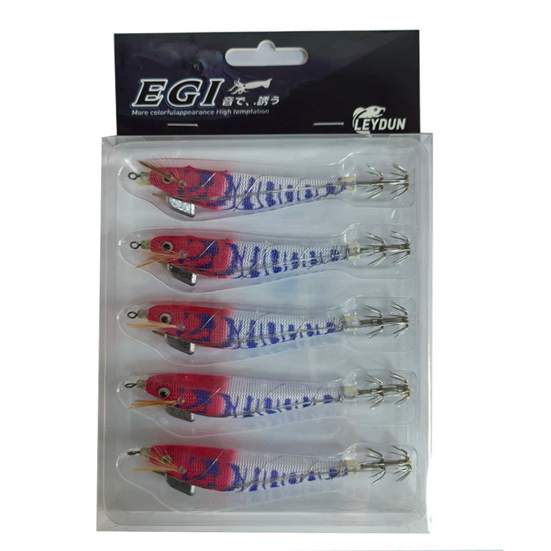 Luminous Squid Jig Wood Shrimp Egi Purple Deep Sea Cuttlefish Hanchi Egi 5Pcs/Set Fishing Lures Saltwater Baits