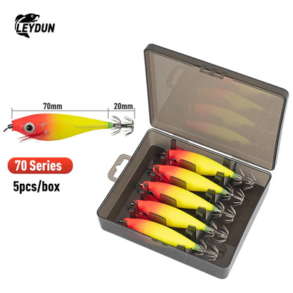 Luminous Horizontal Squid Jig Wood Shrimp Squid Hook 5Pcs Fishing Lures  Octopus Cuttlefish Shrimp Saltwater Baits