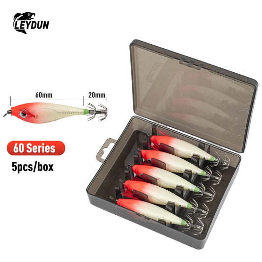 Luminous Horizontal Squid Jig Wood Shrimp Squid Hook 5Pcs Fishing Lures  Octopus Cuttlefish Shrimp Saltwater Baits