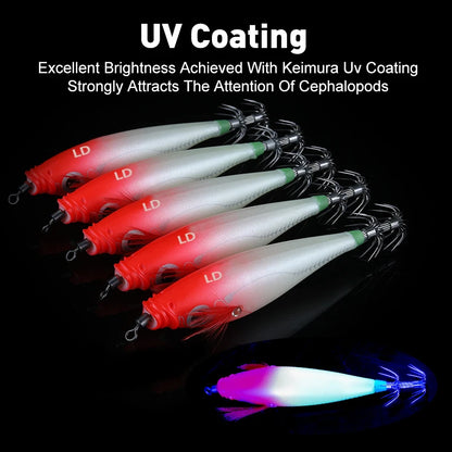 Luminous Horizontal Squid Jig Wood Shrimp Squid Hook 5Pcs Fishing Lures  Octopus Cuttlefish Shrimp Saltwater Baits