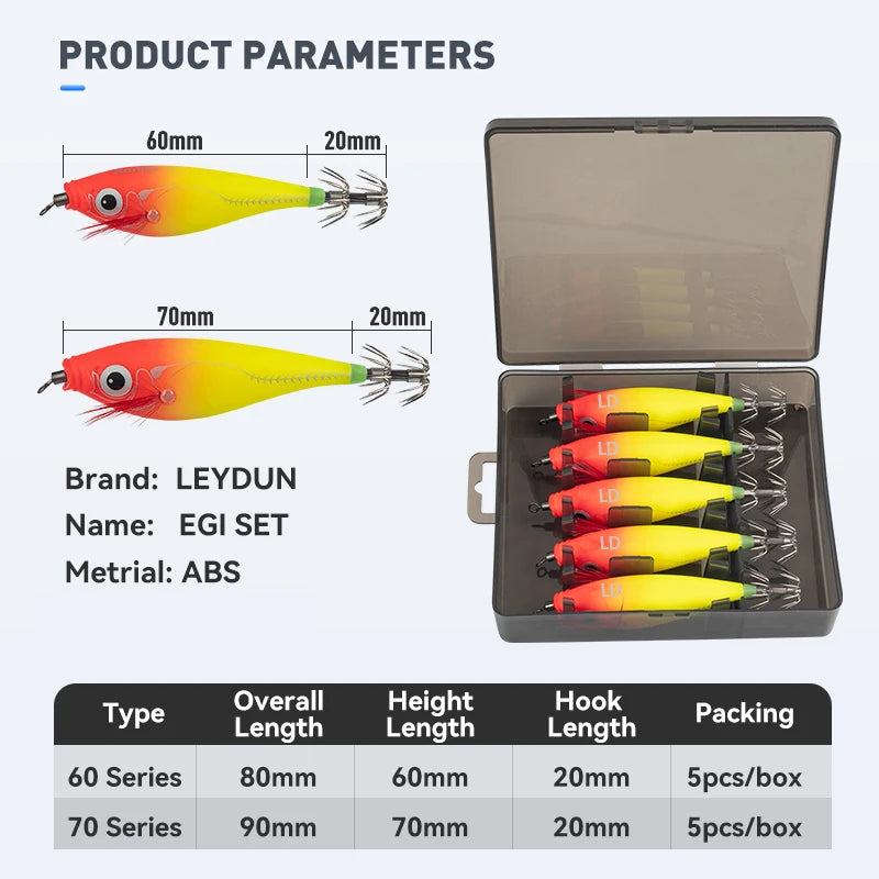 Luminous Horizontal Squid Jig Wood Shrimp Squid Hook 5Pcs Fishing Lures  Octopus Cuttlefish Shrimp Saltwater Baits