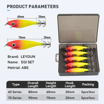 Luminous Horizontal Squid Jig Wood Shrimp Squid Hook 5Pcs Fishing Lures  Octopus Cuttlefish Shrimp Saltwater Baits