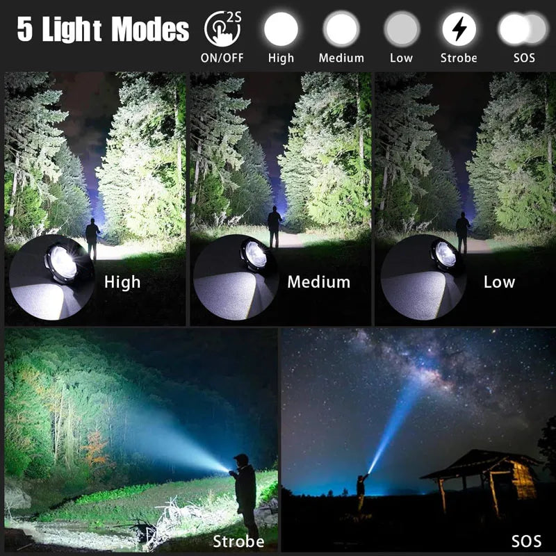 High Power Rechargeable LED Tactical Flashlight Aluminum Alloy Telescopic Zoom Torch Lamp for Outdoor Camping Fishing