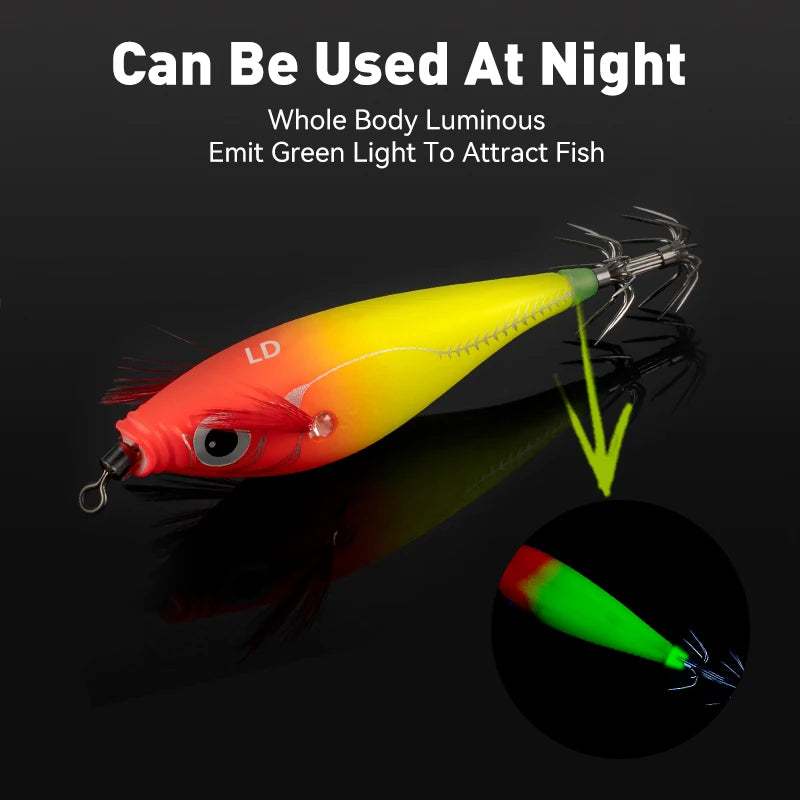 Luminous Horizontal Squid Jig Wood Shrimp Squid Hook 5Pcs Fishing Lures  Octopus Cuttlefish Shrimp Saltwater Baits